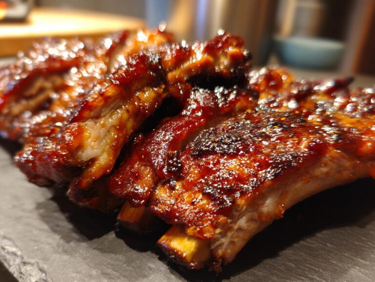 Close-up of tender, glistening slow cooker BBQ ribs coated in a rich, dark sauce, ready to be served.
