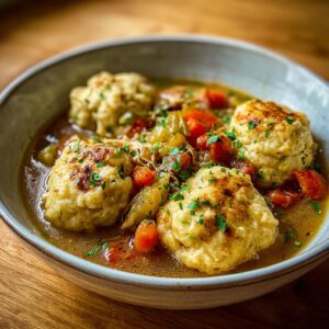 A close-up of a bowl of slow cooker chicken and dumplings, featuring fluffy dumplings, shredded chicken, carrots, and celery in a savory broth.