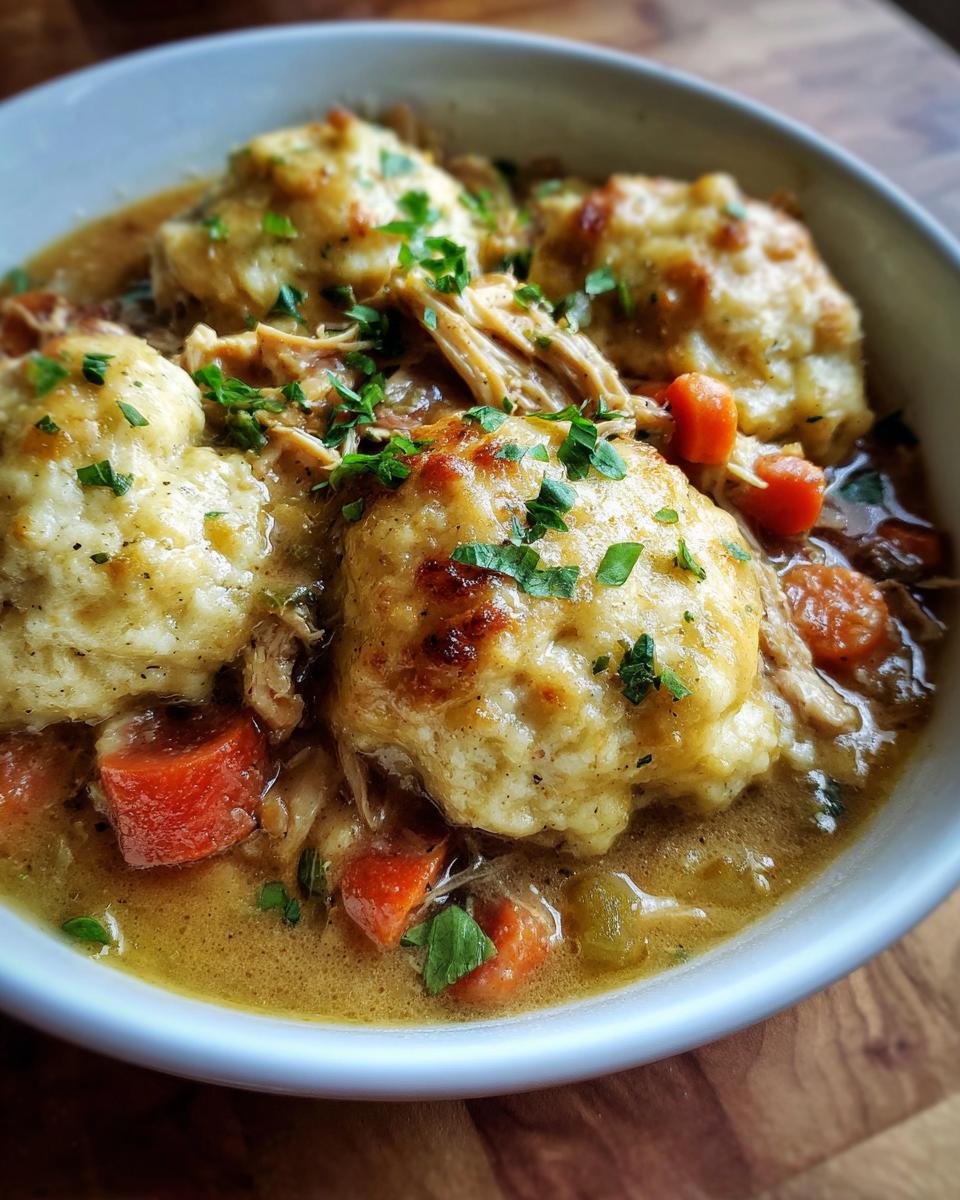 Close-up of a bowl filled with hearty slow cooker chicken and dumplings, featuring tender chicken, carrots, and fluffy dumplings.