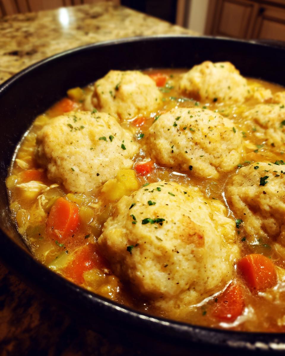 Close-up of fluffy dumplings in a rich, savory broth with chicken and carrots, a perfect Slow Cooker Chicken and Dumplings dish.