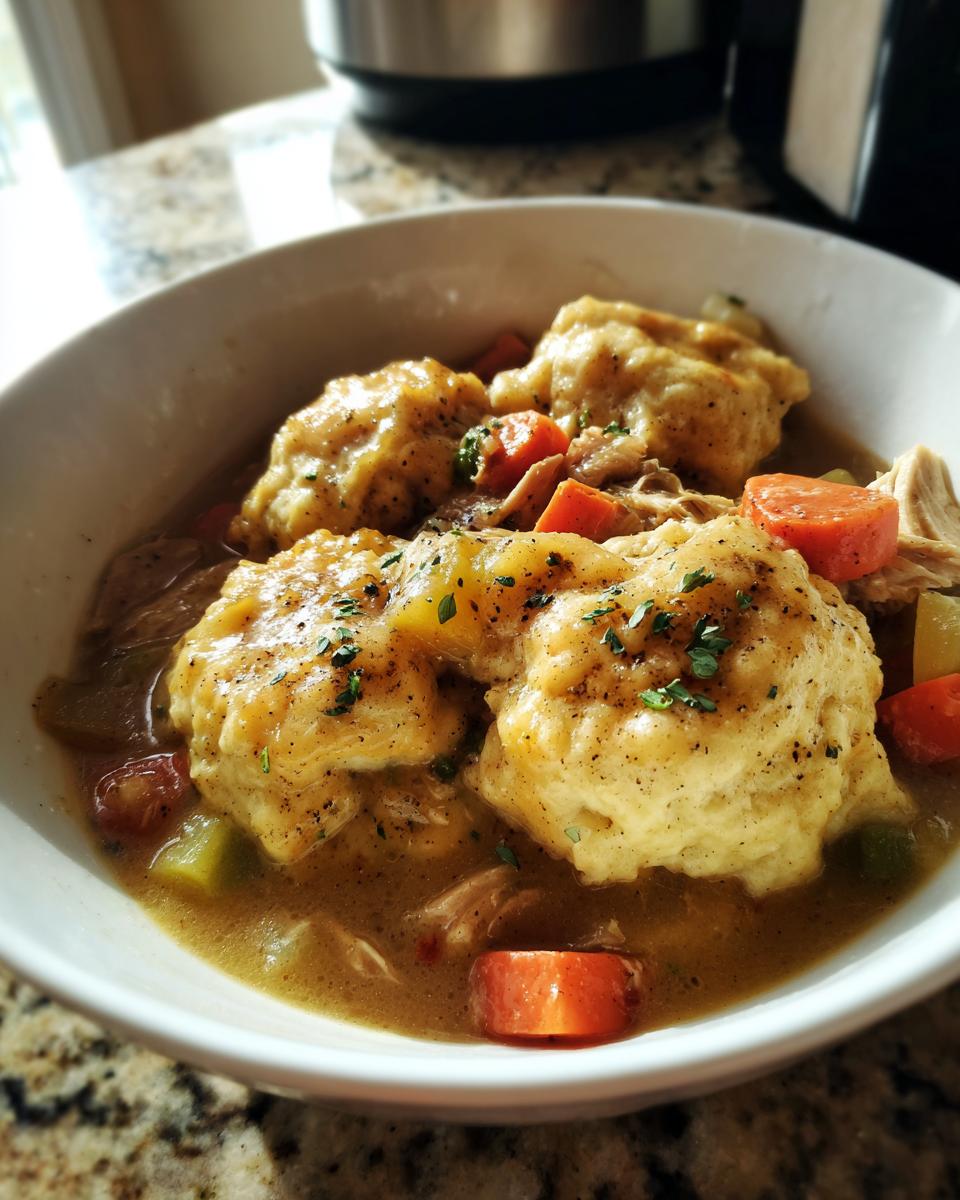 A close-up of a white bowl filled with hearty slow cooker chicken and dumplings, featuring tender chicken, vegetables, and fluffy dumplings.