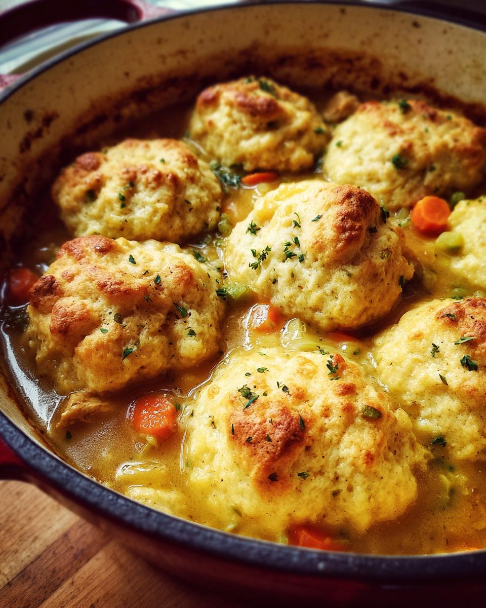 Close-up of a pot filled with delicious slow cooker chicken and dumplings, topped with fresh parsley.