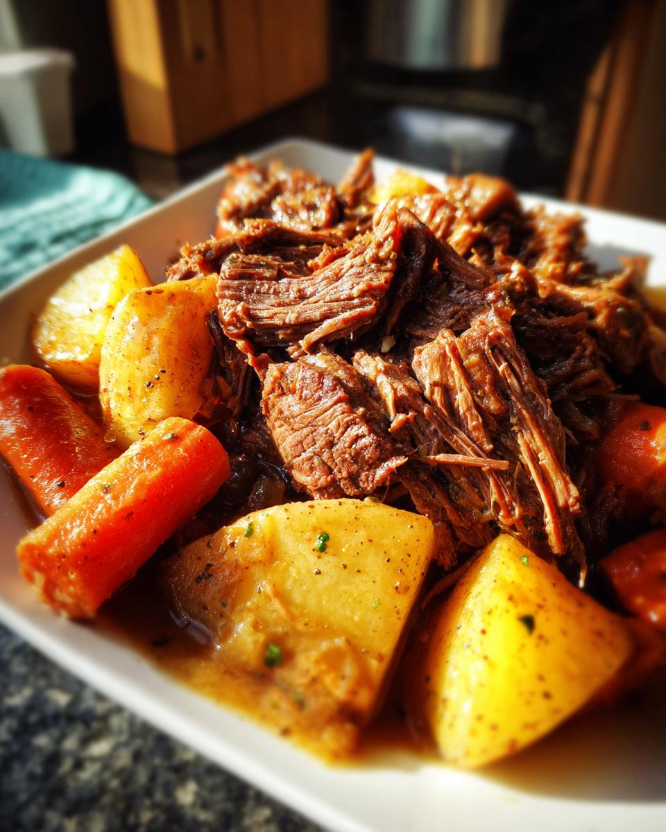 A close-up of a white plate filled with tender, shredded slow cooker pot roast, alongside chunks of potatoes and carrots in a savory gravy.
