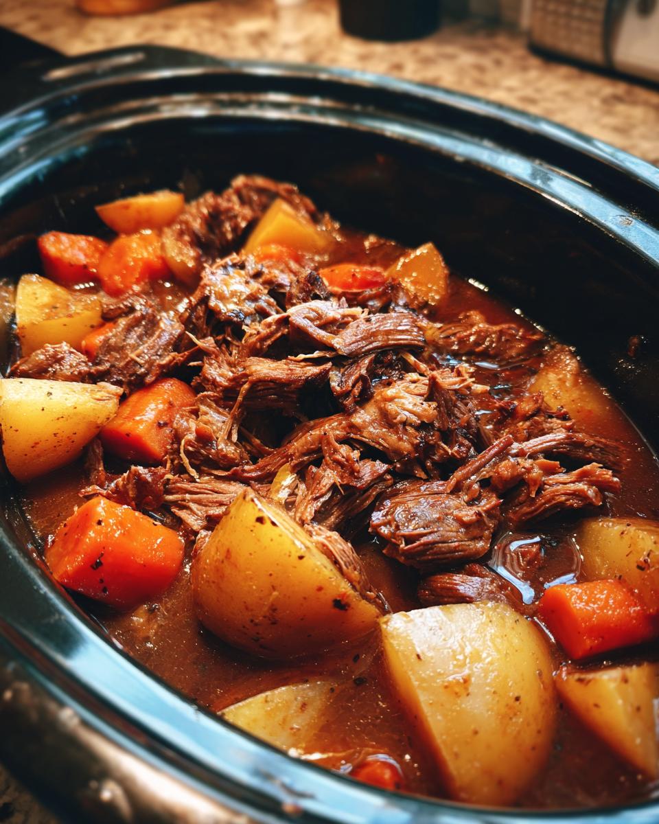 Close-up of a slow cooker pot roast with tender shredded beef, chunks of potatoes, and carrots in rich gravy.