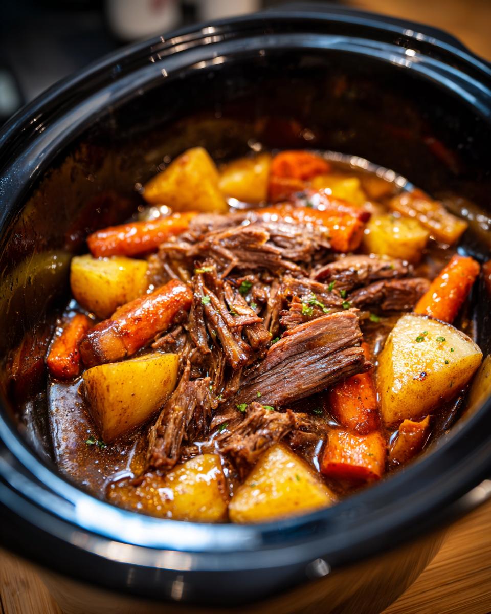 Close-up of a slow cooker pot roast with tender shredded beef, chunks of potatoes, and carrots in a rich gravy.