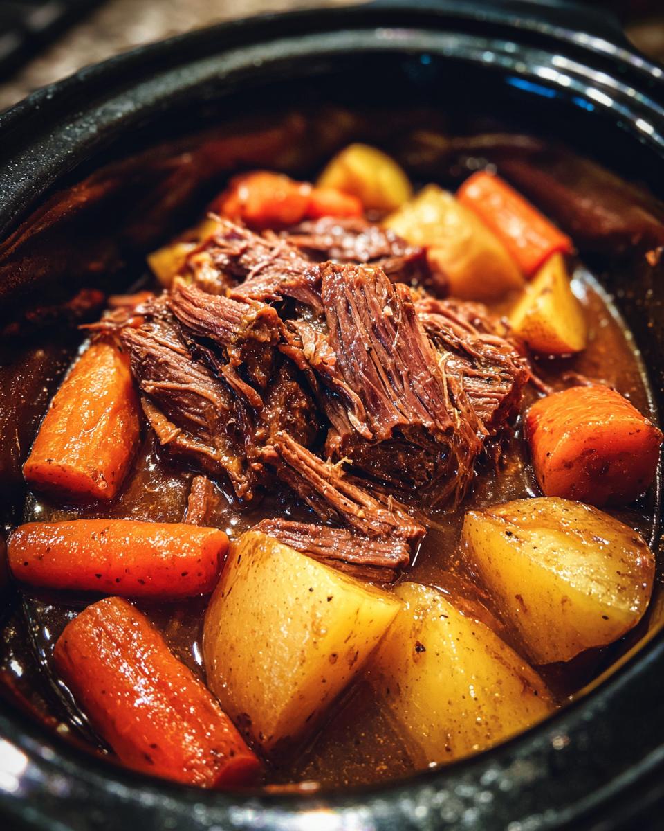 Close-up of shredded slow cooker pot roast surrounded by tender potatoes and carrots in savory gravy.