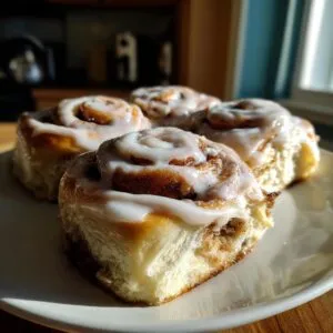 Close-up of four soft and gooey cinnamon rolls drizzled with white icing on a plate.