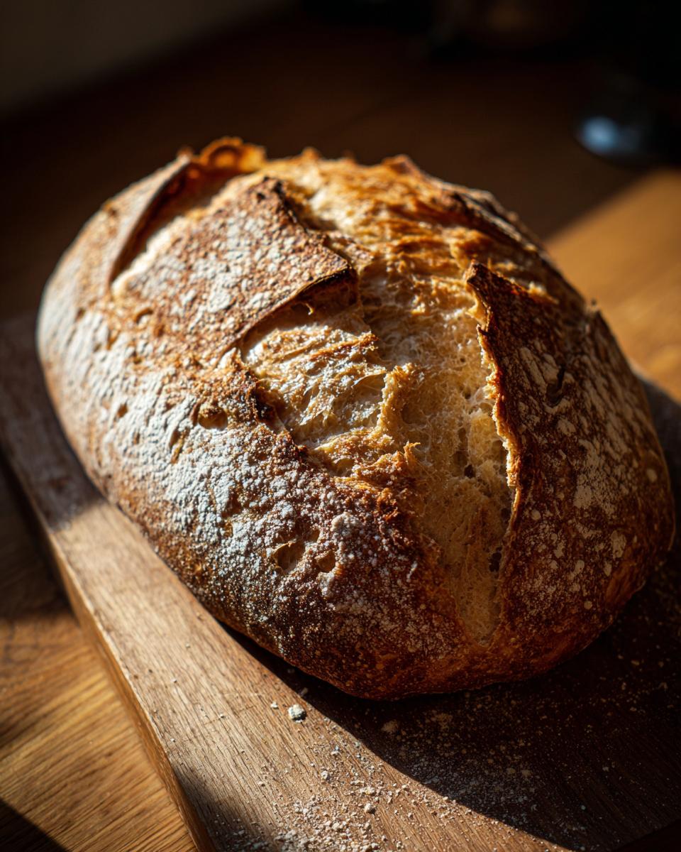 A beautifully baked sourdough bread loaf with a golden, crackled crust dusted with flour, resting on a wooden board.