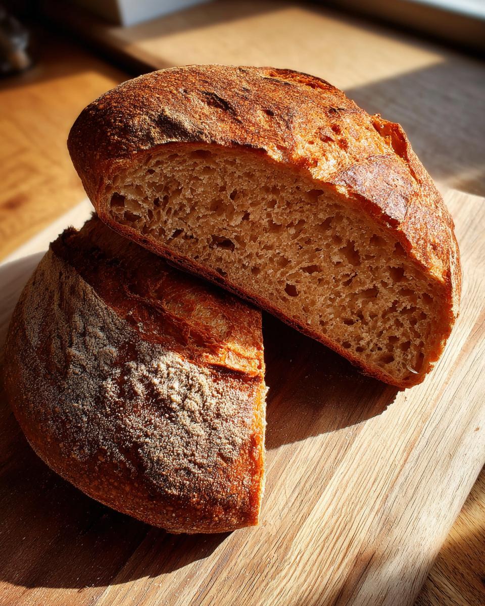 A perfectly baked sourdough bread loaf, sliced in half, showcasing its airy crumb and golden crust.