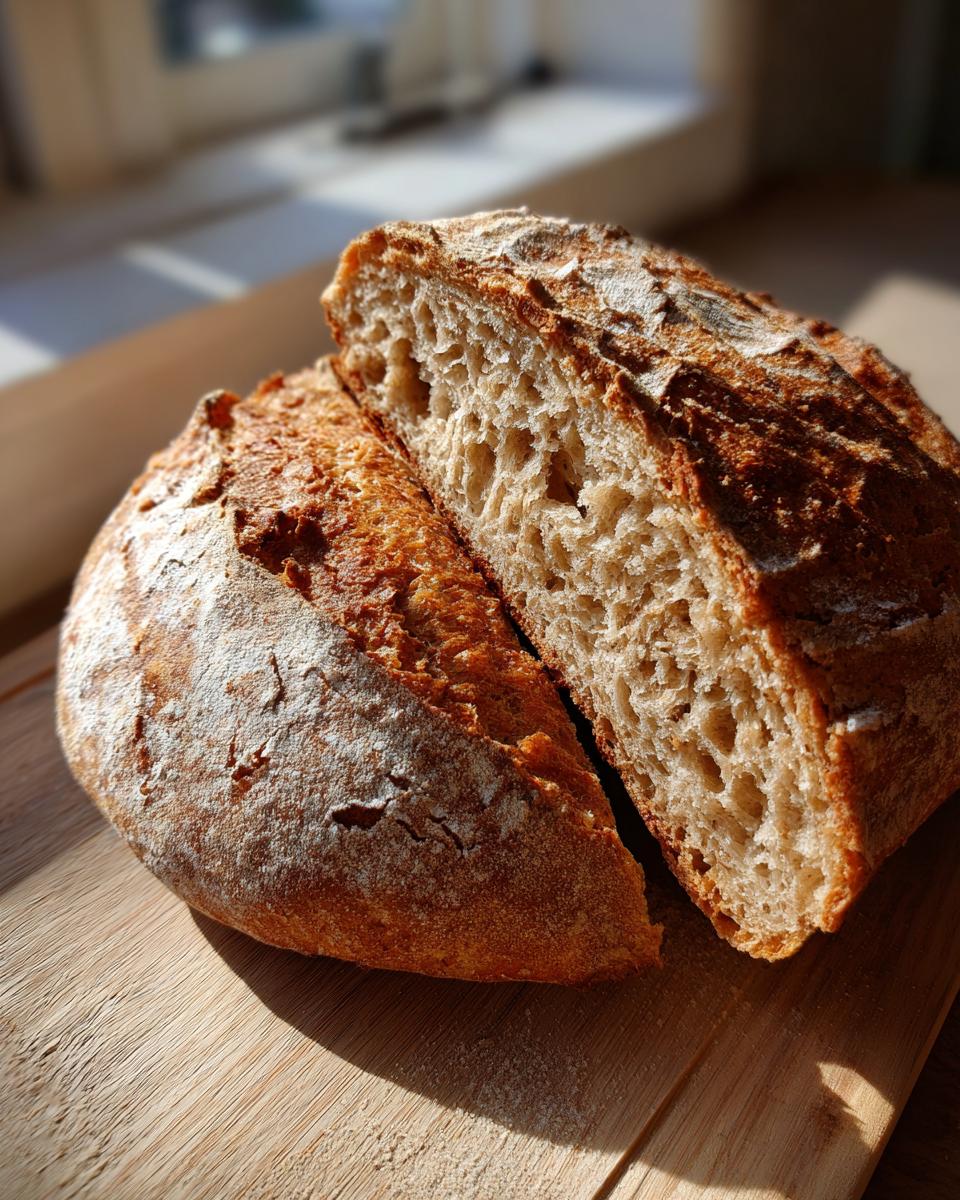 A rustic, golden-brown sourdough bread loaf, sliced in half to reveal its airy crumb.