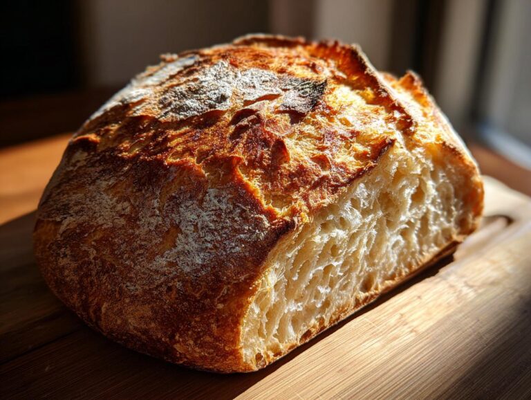 A rustic, golden-brown sourdough bread loaf with a beautifully open crumb, dusted with flour.