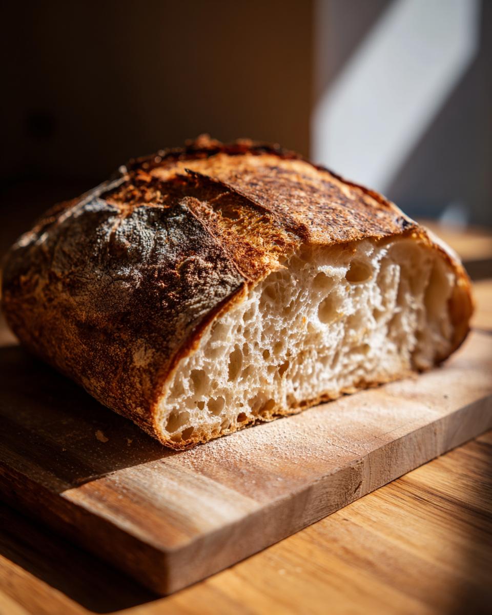 A rustic loaf of sourdough bread, sliced in half, showcasing its airy crumb and golden crust on a wooden cutting board.