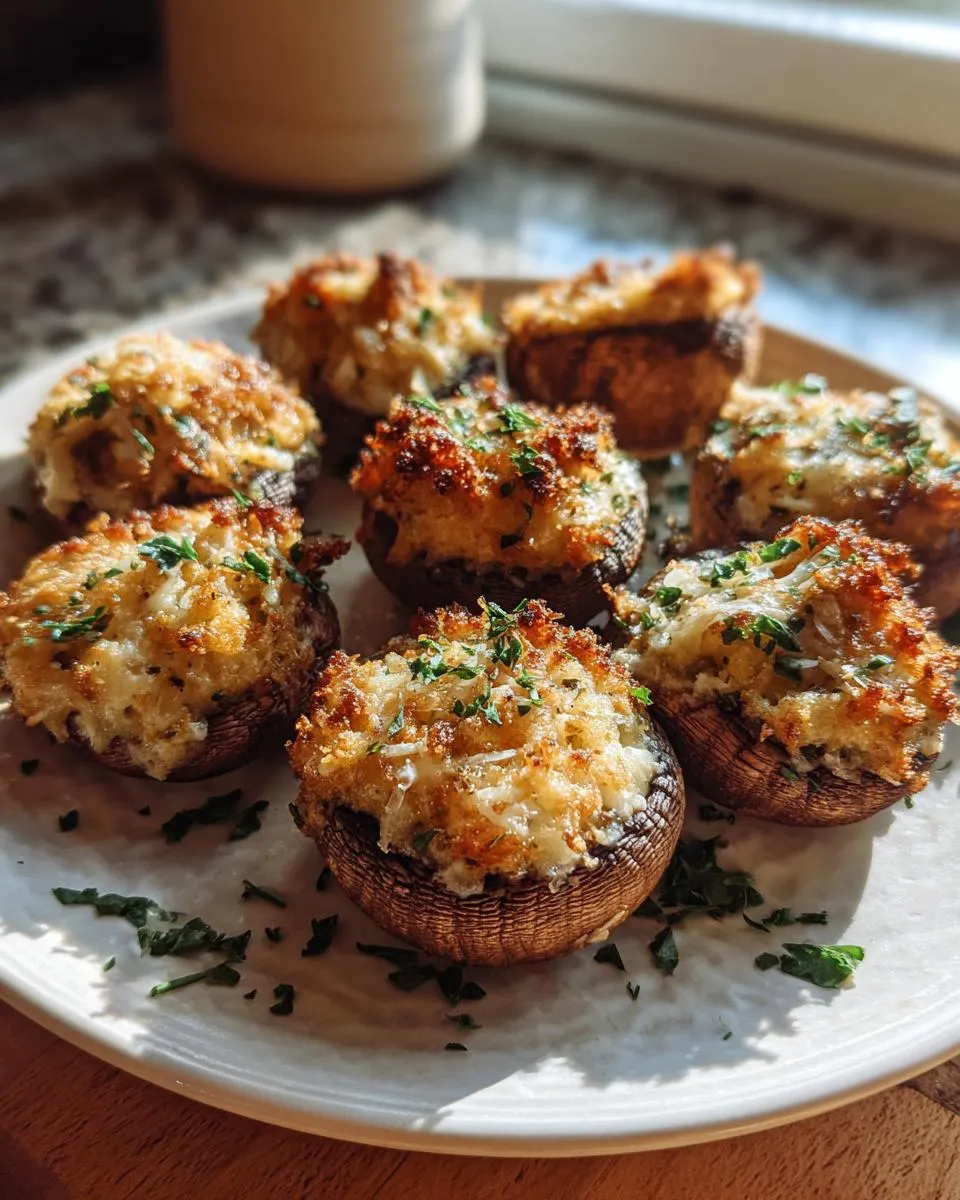 A plate of golden brown stuffed mushrooms, generously filled and sprinkled with fresh parsley.