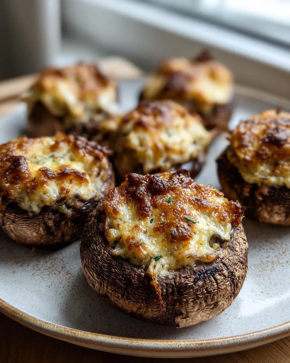 Close-up of golden brown stuffed mushrooms with melted cheese topping, a perfect party appetizer.