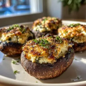 Close-up of golden-brown stuffed mushrooms, generously filled and sprinkled with fresh herbs.