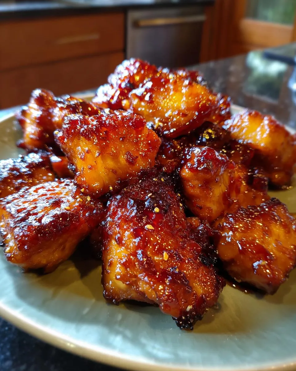 Close-up of glistening, glazed Teriyaki chicken bites piled on a plate, sprinkled with sesame seeds.