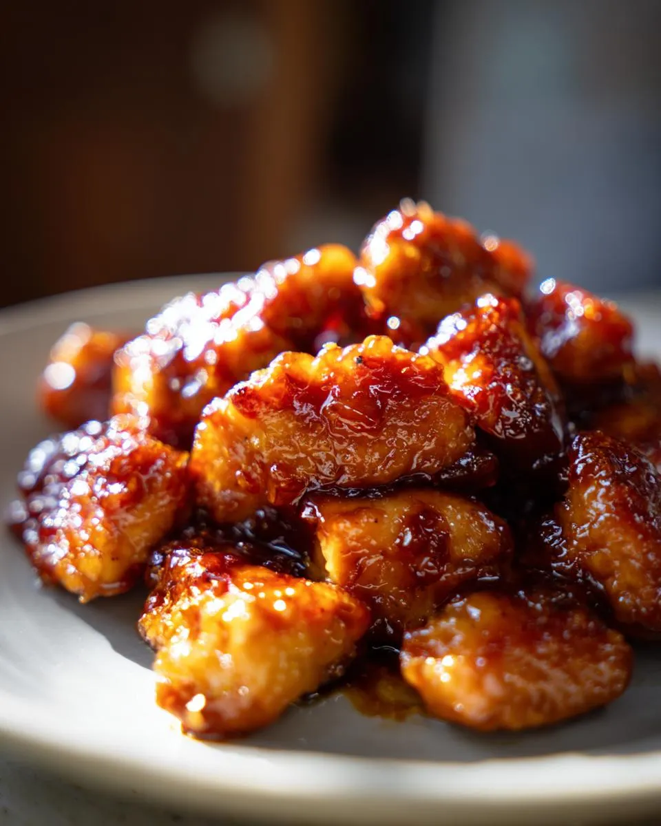 Close-up of glistening, bite-sized pieces of Teriyaki chicken coated in a rich, dark sauce.