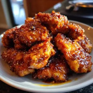 Close-up of crispy, glazed Teriyaki chicken pieces piled on a white plate.