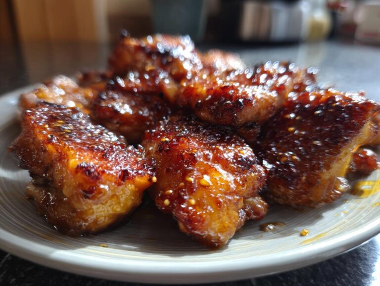 Close-up of glistening, glazed teriyaki chicken pieces on a plate, ready to be served.