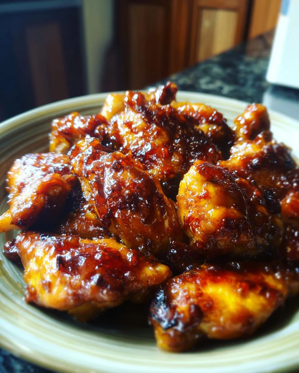 A close-up shot of glossy, glazed Teriyaki chicken wings piled high in a bowl.