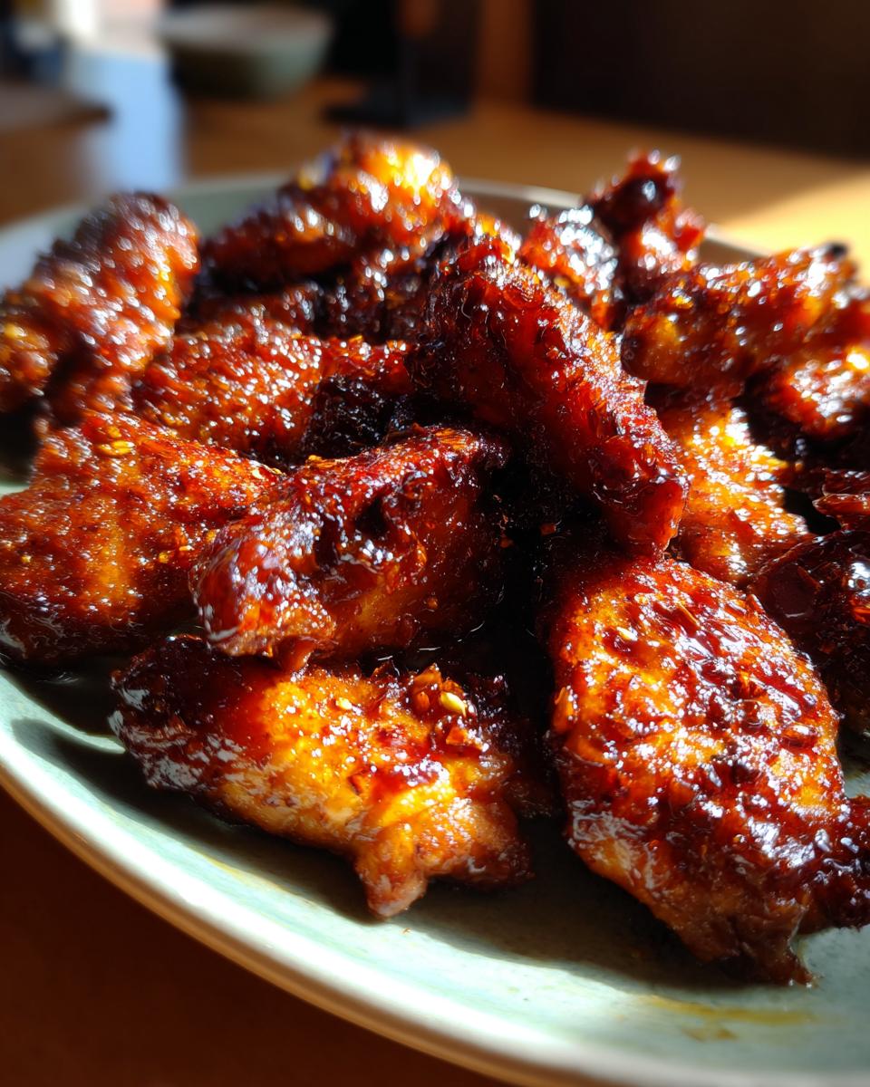 Close-up of glistening Teriyaki chicken wings coated in a rich, dark sauce with sesame seeds.