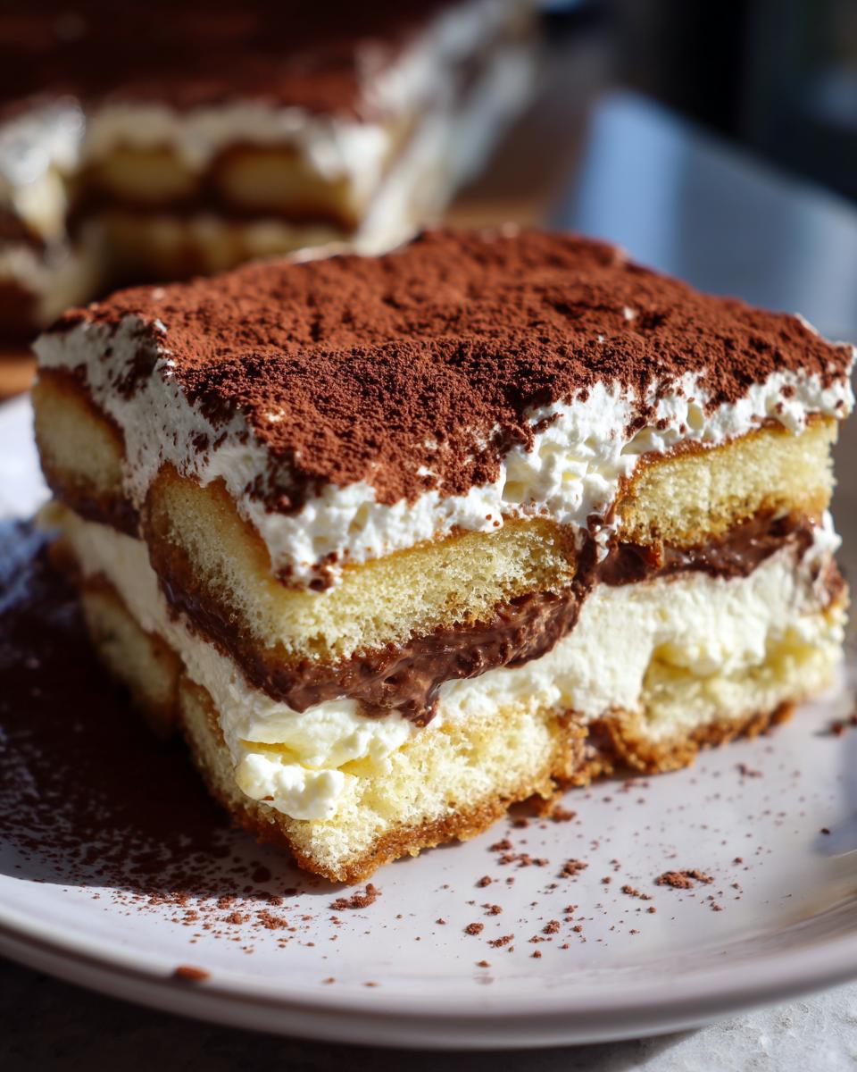 A close-up of a decadent slice of Tiramisu, layered with ladyfingers, mascarpone cream, and chocolate, dusted with cocoa powder.