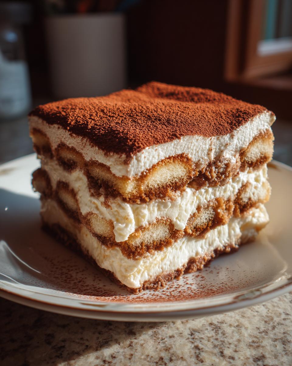 A perfect slice of Tiramisu, layered with ladyfingers and mascarpone cream, dusted with cocoa powder.