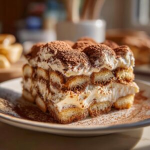 A close-up of a decadent slice of Tiramisu, layered with ladyfingers and cream, dusted with cocoa powder.