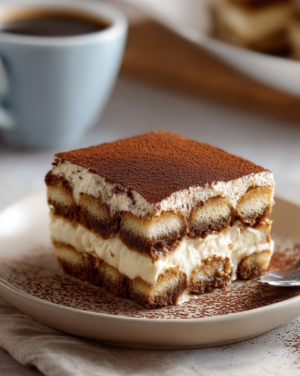 A decadent slice of Tiramisu, layered with ladyfingers and cream, dusted generously with cocoa powder.