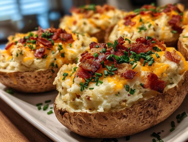 Close-up of creamy twice baked potatoes topped with melted cheddar cheese, crispy bacon bits, and fresh chives.
