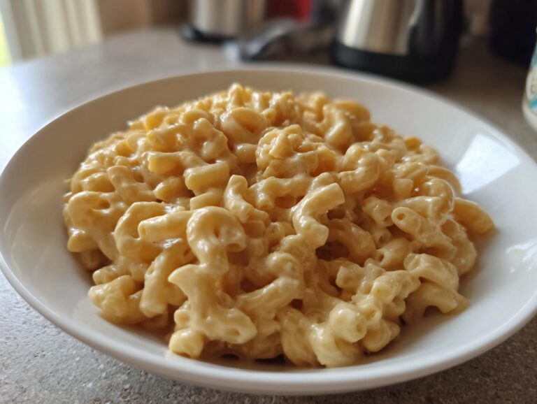 A close-up of a white bowl filled with creamy, cheesy Vegan mac and cheese.