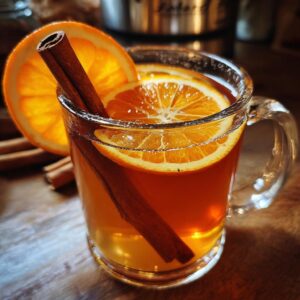 A clear mug filled with warm spiced hot apple cider, garnished with fresh orange slices and cinnamon sticks.