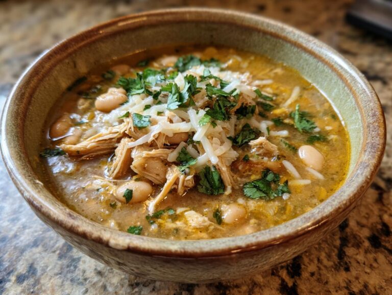 A close-up of a rustic bowl filled with hearty white chicken chili, topped with shredded cheese and fresh cilantro.