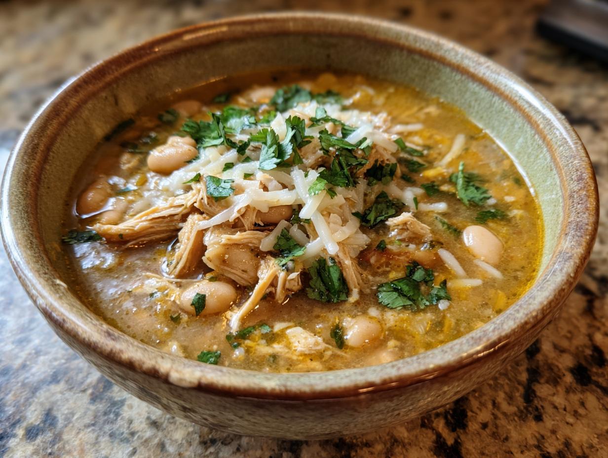 A close-up of a rustic bowl filled with hearty white chicken chili, topped with shredded cheese and fresh cilantro.