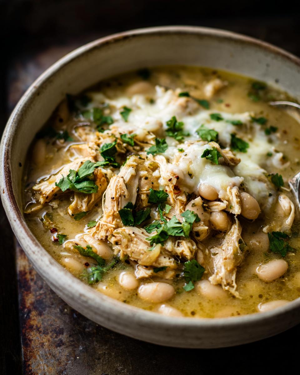 A close-up of a bowl of white chicken chili, featuring shredded chicken, white beans, melted cheese, and fresh cilantro.