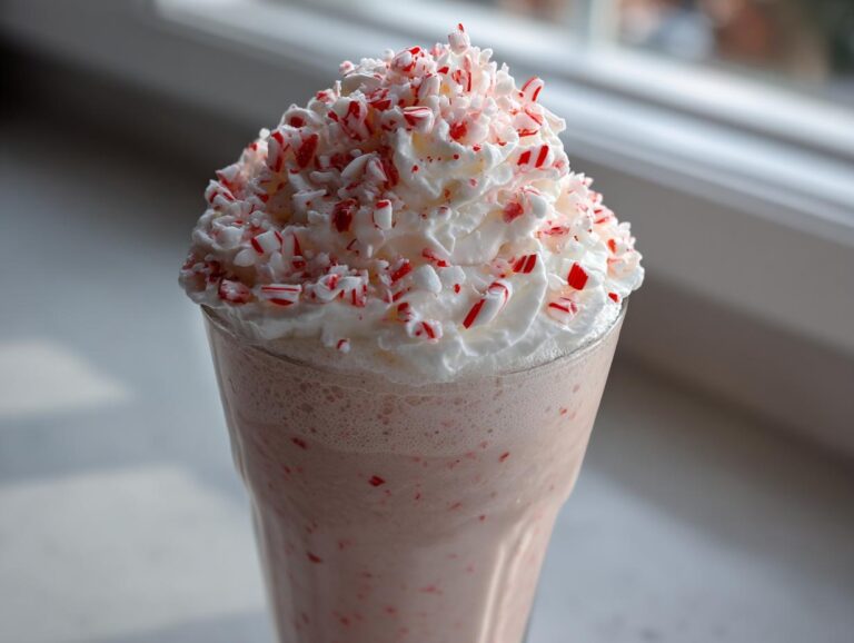 A tall glass filled with a pink Candy Cane Milkshake, topped high with whipped cream and crushed candy canes.