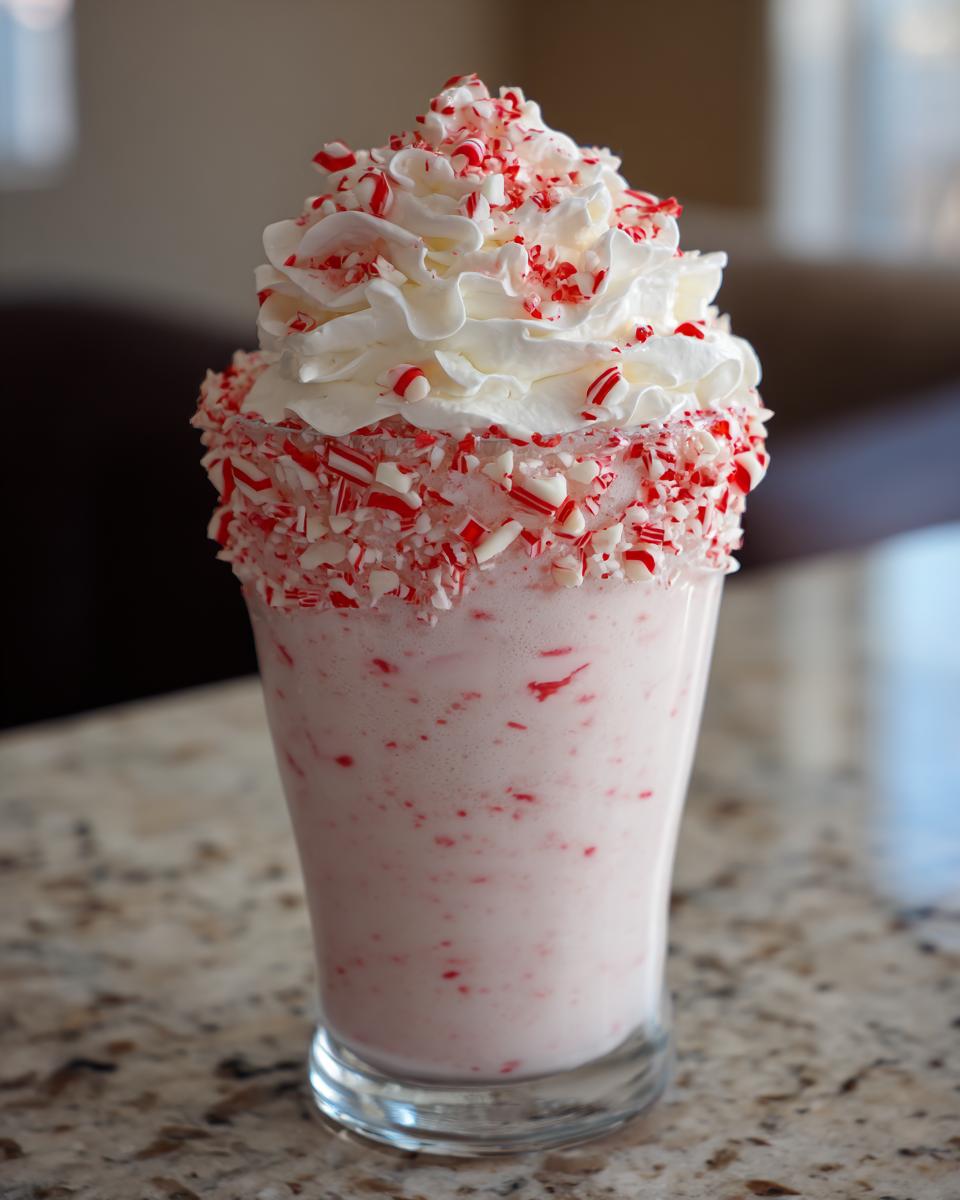 A tall glass filled with a pink Candy Cane Milkshake, topped with whipped cream and crushed candy canes.