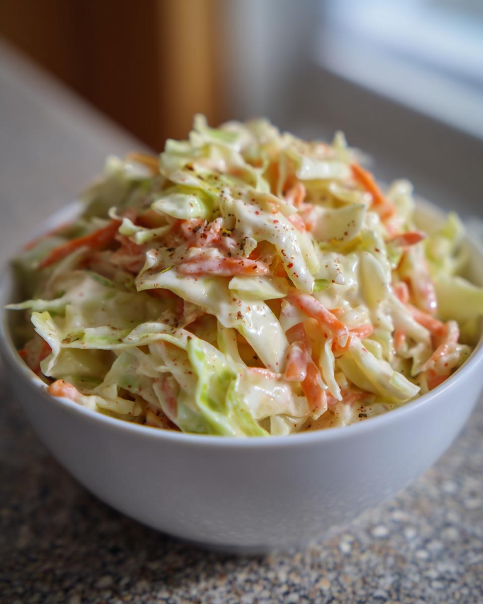 Close-up of a bowl of delicious coleslaw, featuring shredded cabbage and carrots in a creamy dressing, seasoned with pepper.
