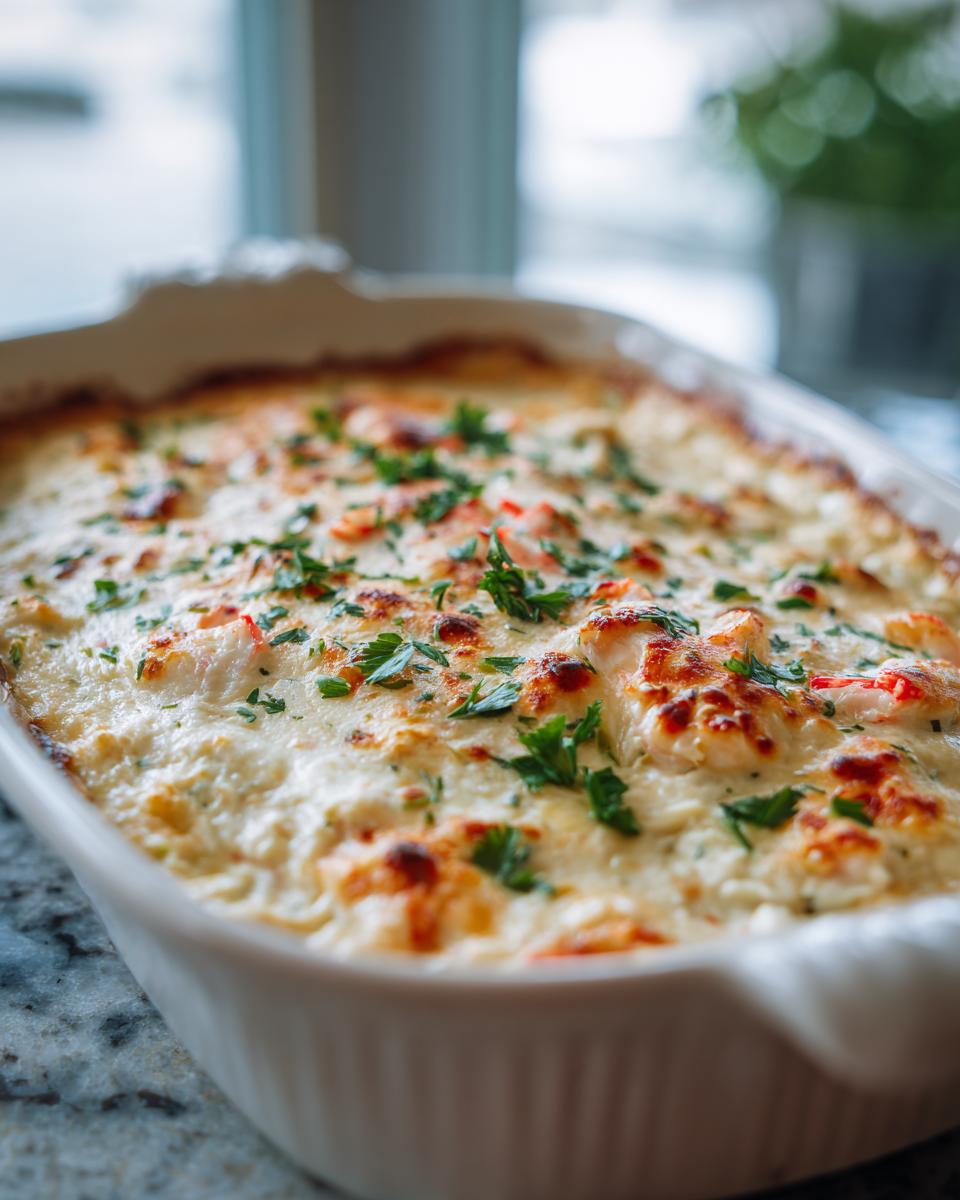 Close-up of a bubbly, golden-brown crab dip in a white baking dish, sprinkled with fresh parsley.