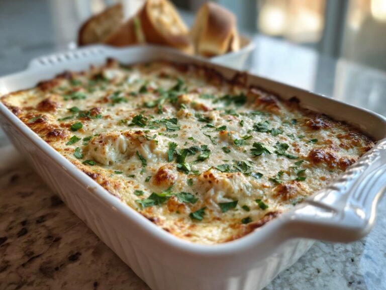 A bubbly, golden-brown crab dip baked in a white casserole dish, topped with fresh parsley and served with toasted bread.