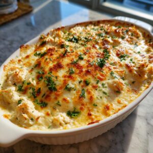 A close-up of a bubbling hot crab dip in a white oval dish, topped with melted golden cheese and fresh parsley.