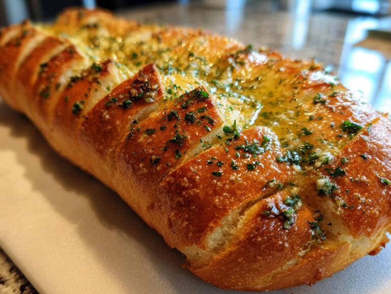 A close-up of a golden brown loaf of amazing garlic bread, generously topped with melted butter, garlic, and fresh parsley.