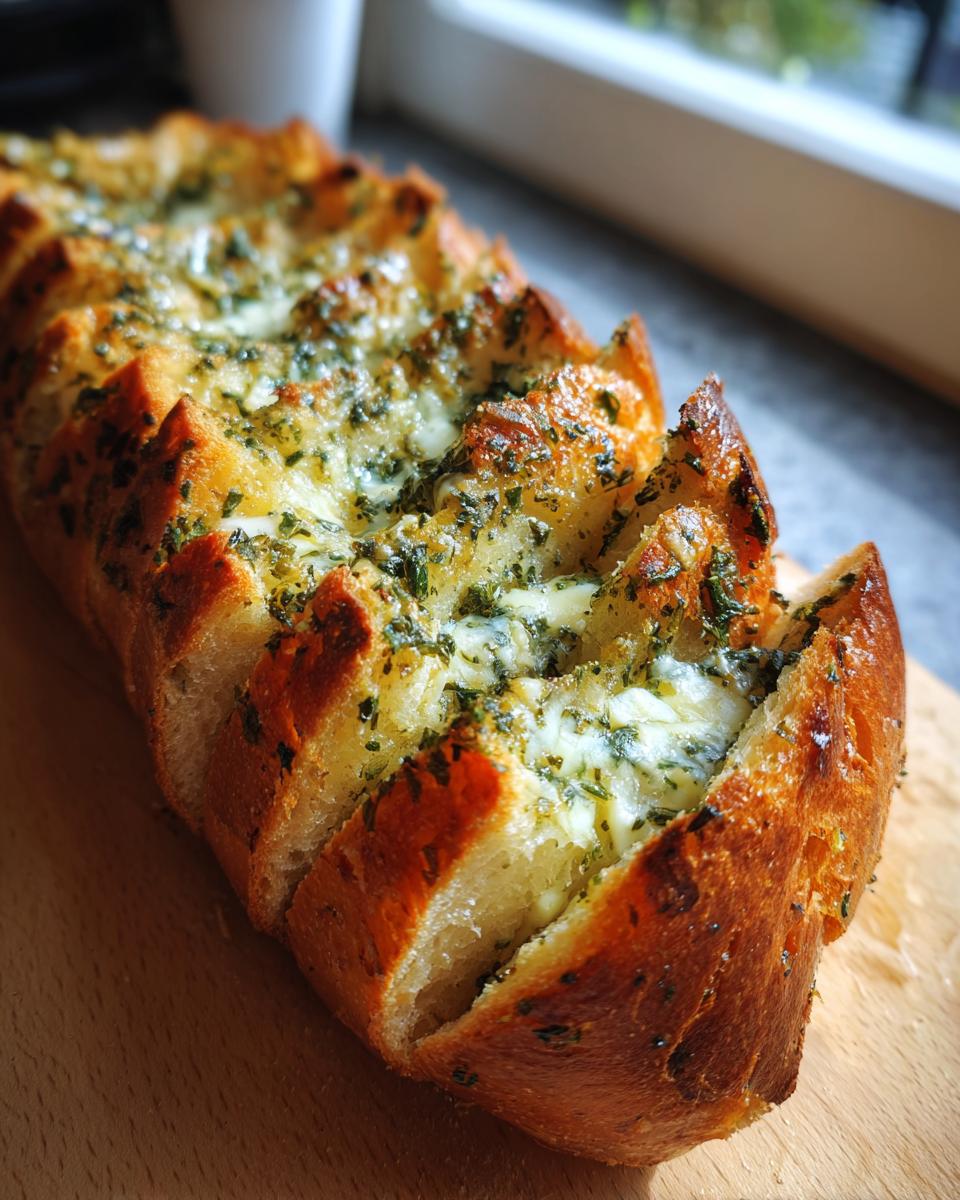 Close-up of a golden-brown loaf of garlic bread, sliced and filled with melted cheese and chopped herbs.