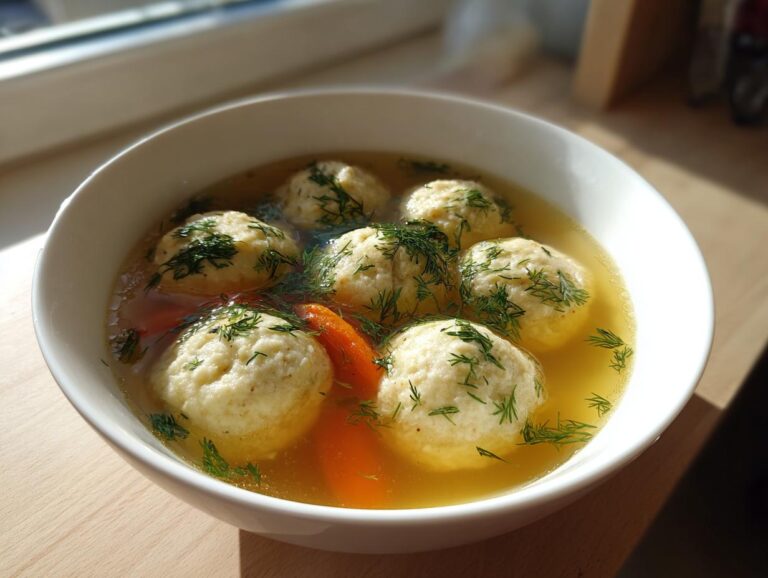 A white bowl filled with clear broth, several fluffy matzo balls, and sliced carrots, garnished heavily with fresh dill.