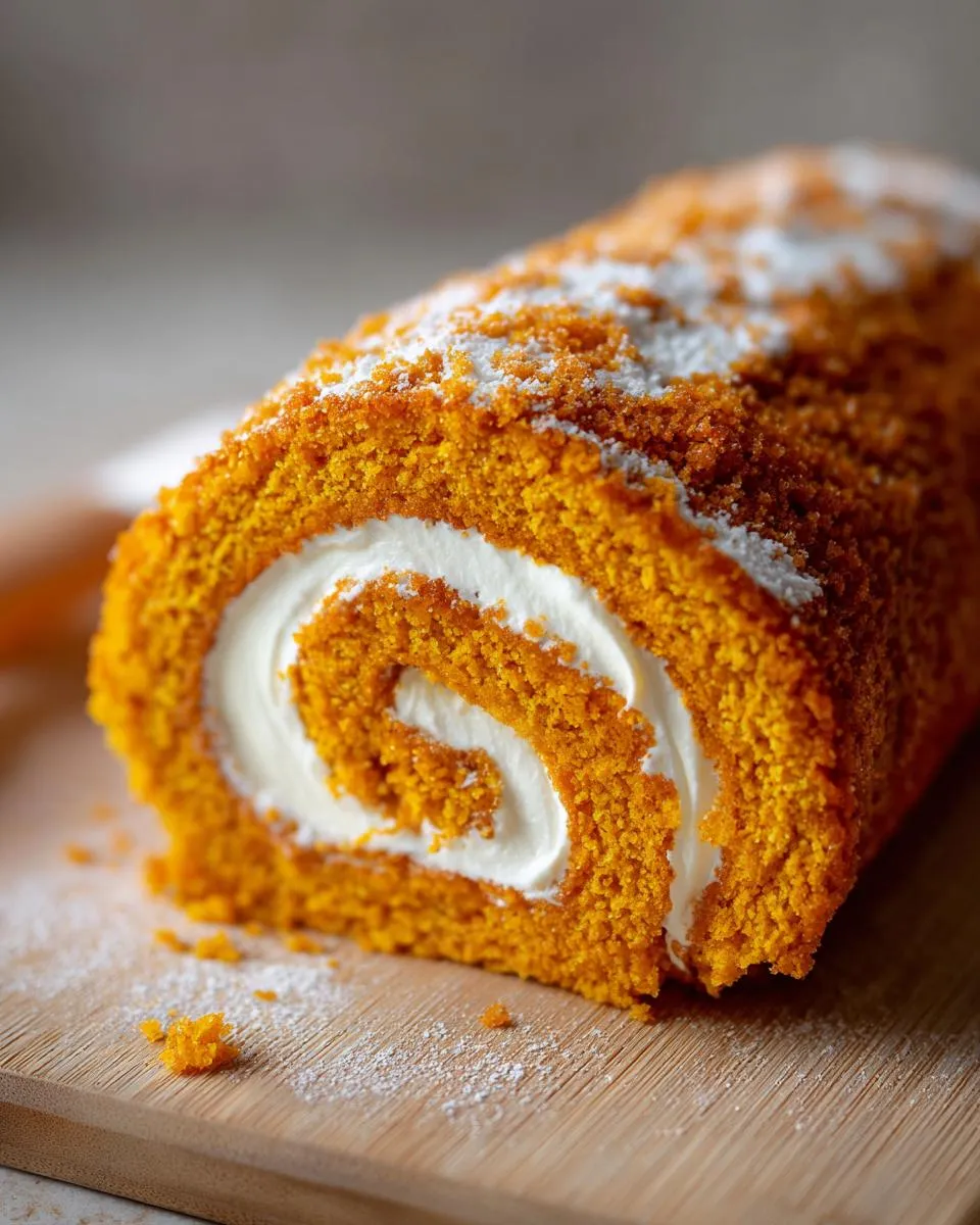 Close-up of a slice of an amazing pumpkin roll, showcasing its vibrant orange cake and swirl of white cream filling, dusted with powdered sugar.