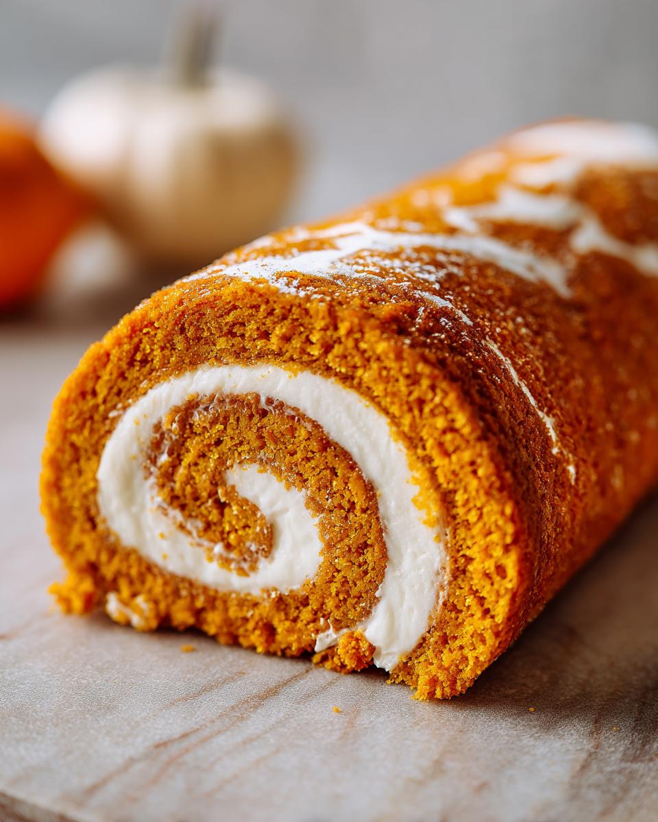 Close-up of a slice of pumpkin roll with cream cheese filling, dusted with powdered sugar.