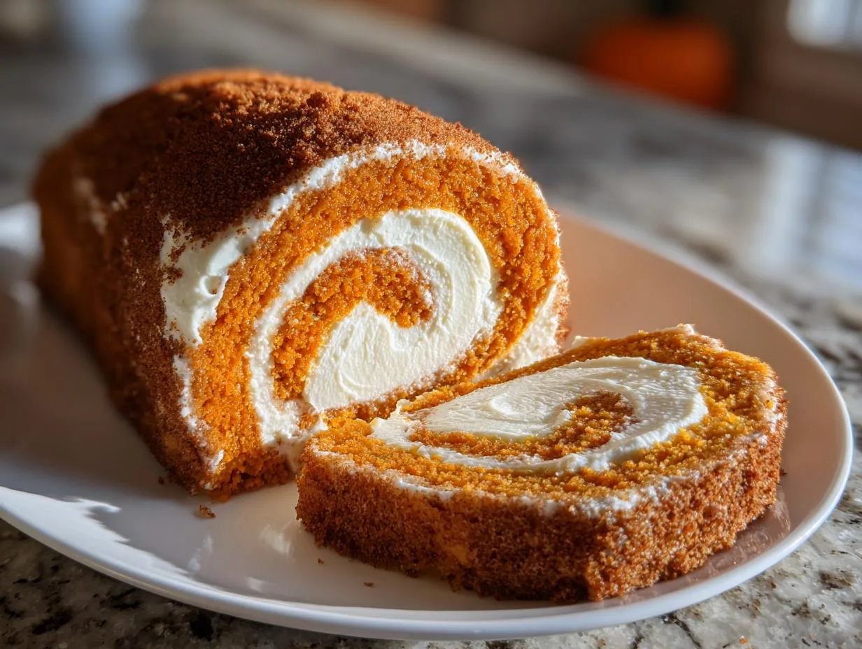 A slice of delicious pumpkin roll cake with creamy white filling, showcasing its spiral pattern.