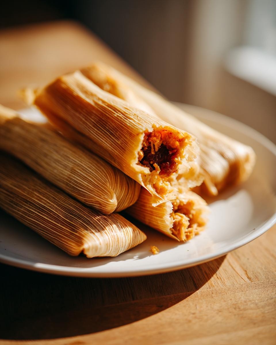 A close-up of several tamales, with one partially unwrapped to reveal the savory filling inside.