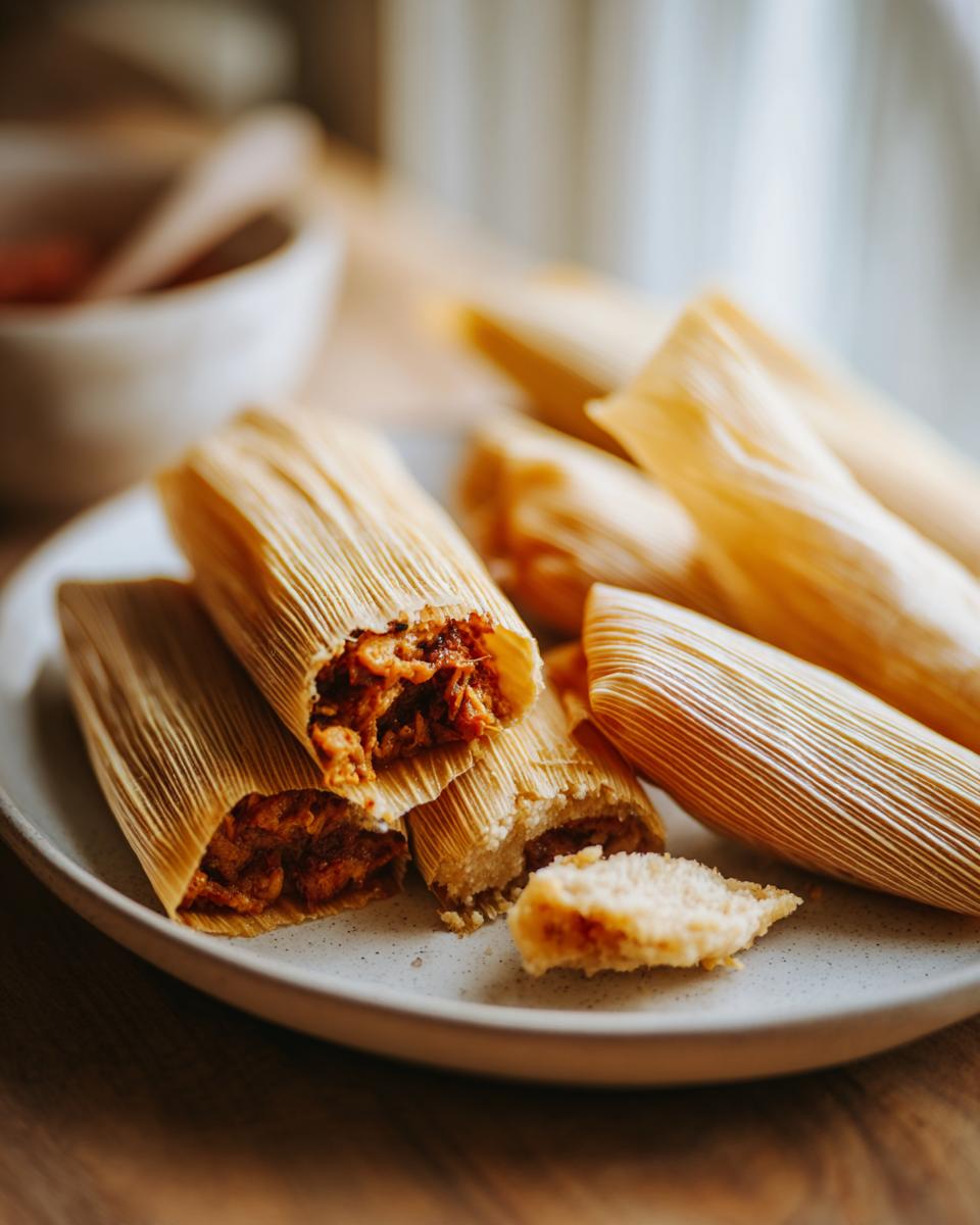 A plate of freshly made tamales, some unwrapped to reveal a savory filling, perfect for holiday gatherings.