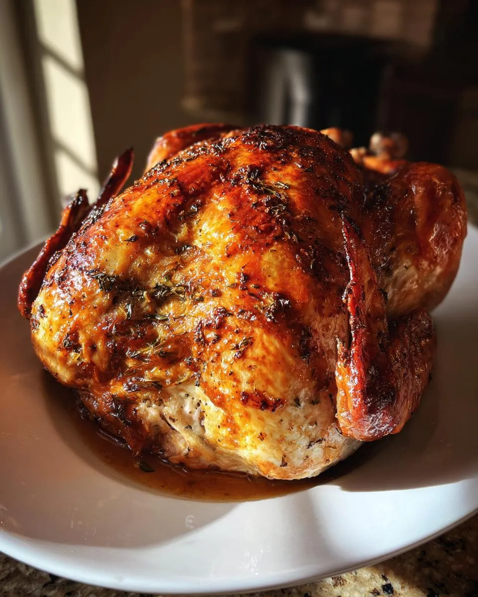 A whole roasted turkey, glistening with juices and herbs, prepared using an amazing turkey brine.